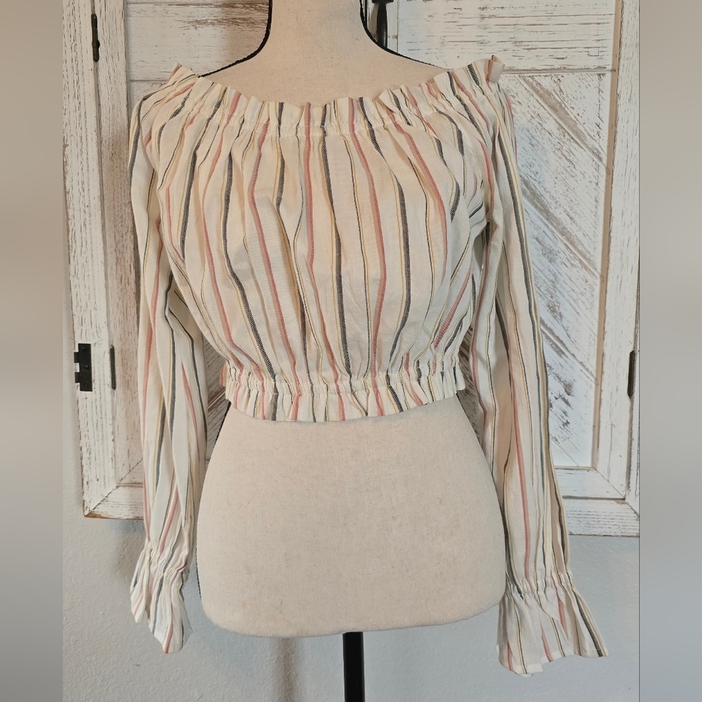Billabong Striped Cropped Peasant Top Long Sleeve Size M